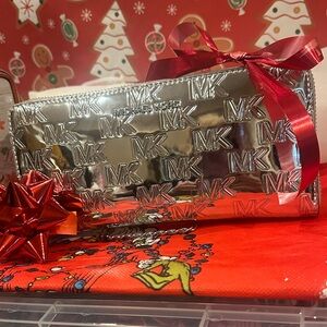 Michael Kors Metallic Silver Wallet with Red Accents